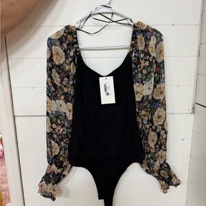 Floral Black Bodysuit with Sheer Sleeves